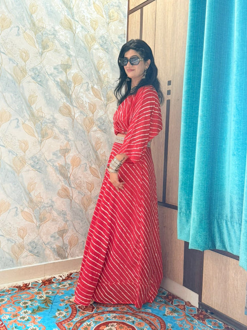 Red Leheriya Top with Skirt Coord Set
