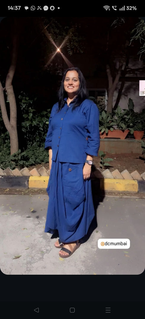 Navy Blue Drape Skirt Set For Women