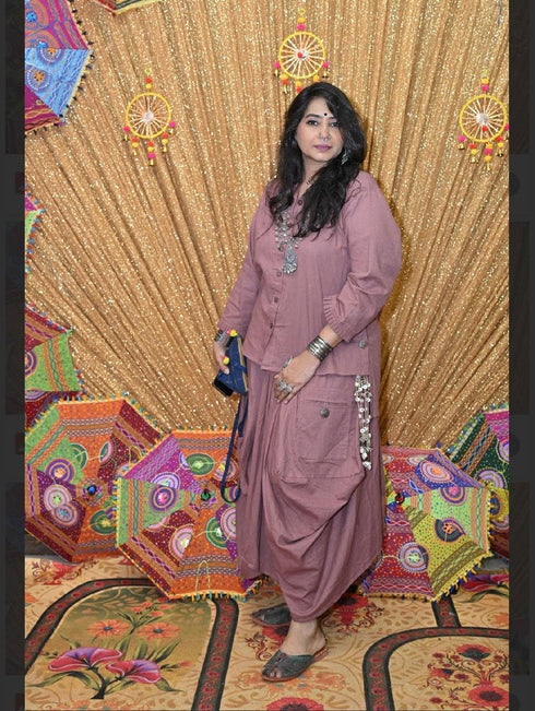 Onion Pink Drape Skirt Set For Women