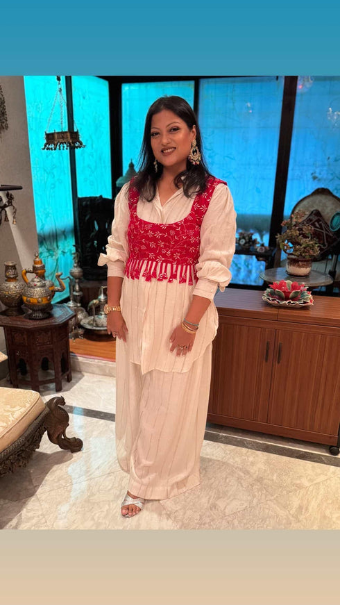 Red and Off White Koti Pathani Set