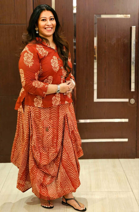 Jaipuri Maroon Drape Skirt Set For Women