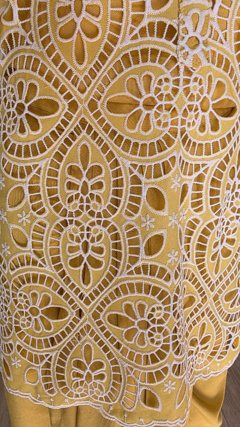 Yellow Cutwork Kurta with Dhoti and Singlet