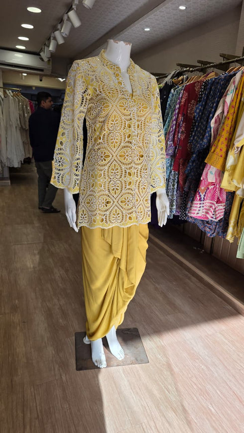 Yellow Cutwork Kurta with Dhoti and Singlet
