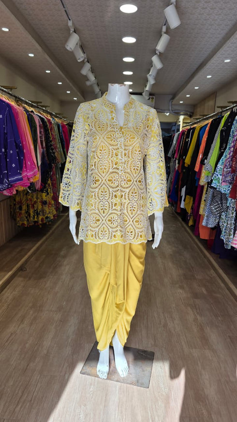 Yellow Cutwork Kurta with Dhoti and Singlet