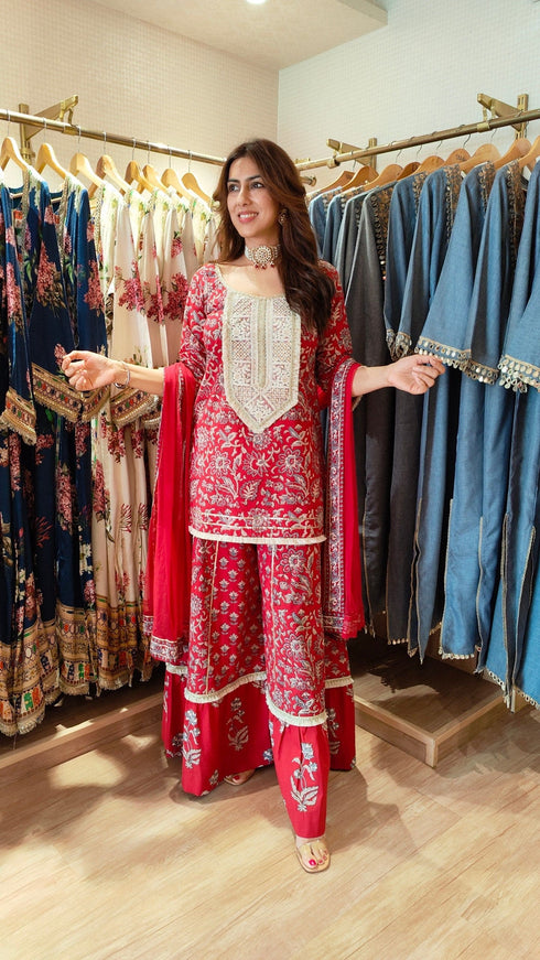 Cotton Grey Red Sharara Set