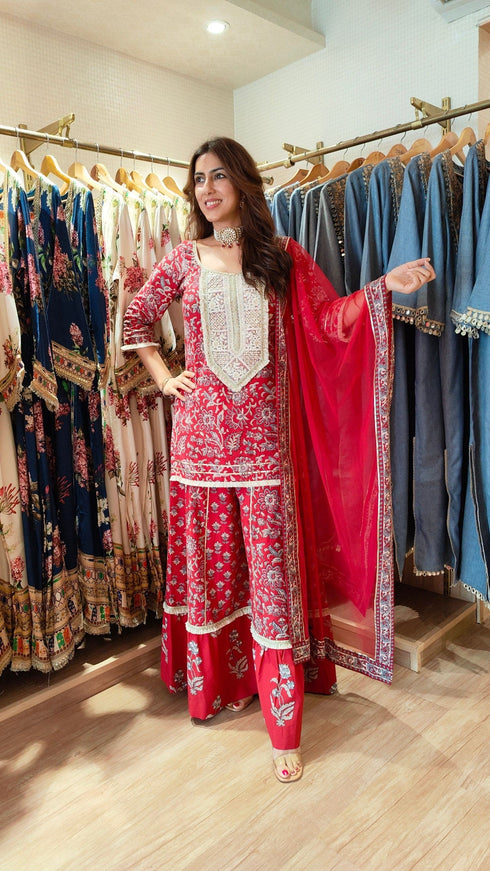 Cotton Grey Red Sharara Set