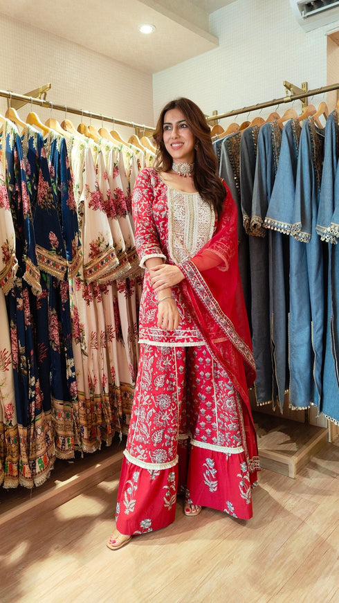 Cotton Grey Red Sharara Set