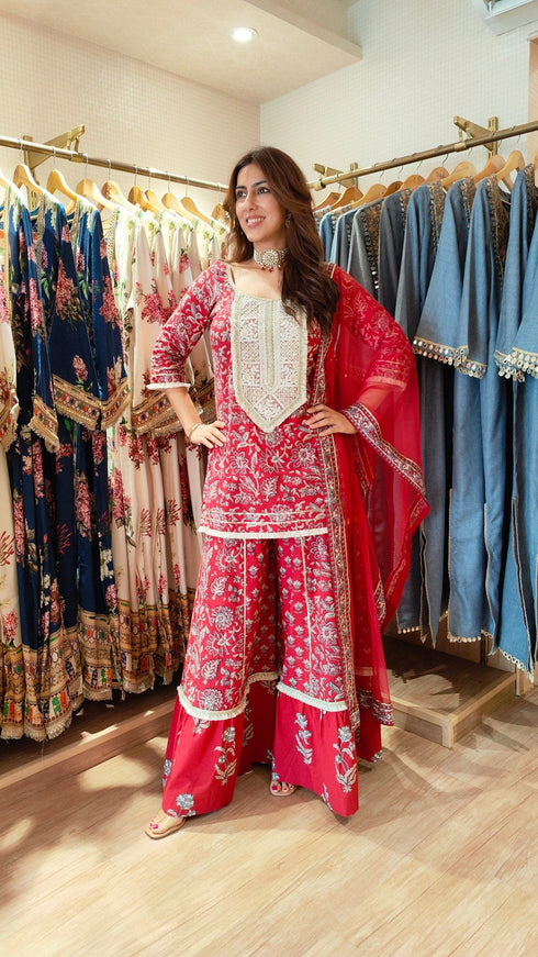 Cotton Grey Red Sharara Set