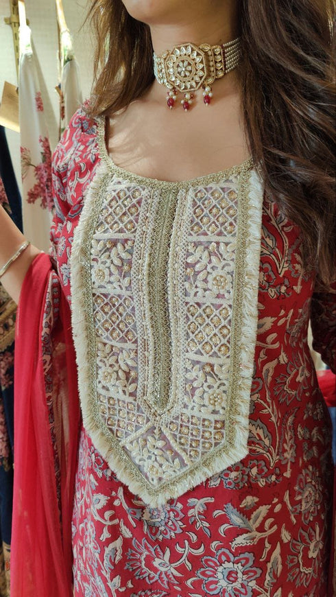 Cotton Grey Red Sharara Set