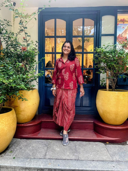 Jaipuri Maroon Drape Skirt Set For Women