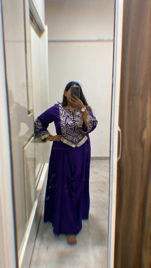 Purple Drape Skirt Set with Embroidered High-Low Top