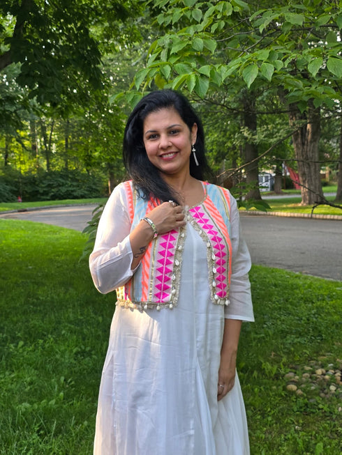 Off White Drape gown with Neon Jacket - DC Mumbai