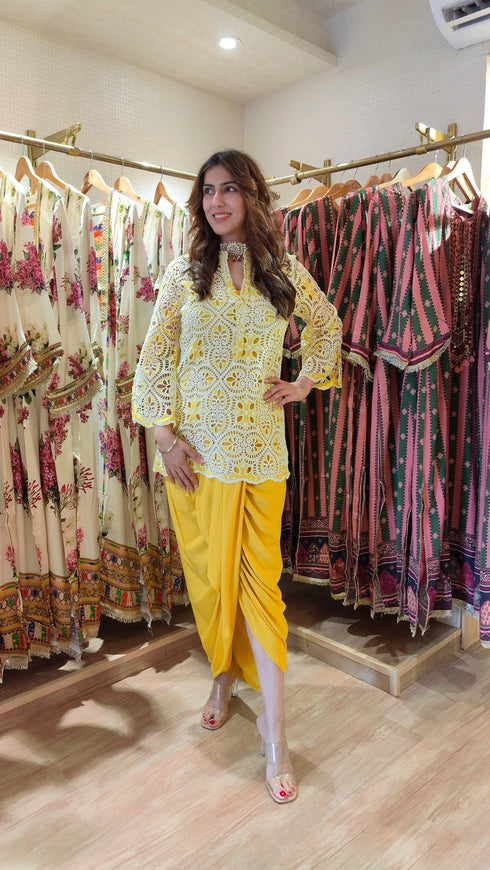 Yellow Cutwork Kurta with Dhoti and Singlet