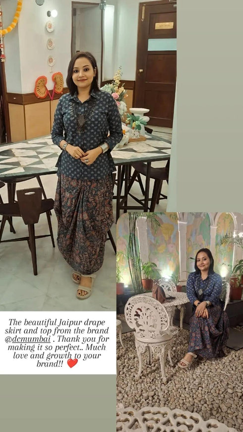 Jaipuri Blue Drape Skirt Set For Women