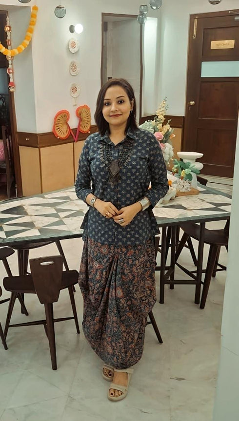 Jaipuri Blue Drape Skirt Set For Women