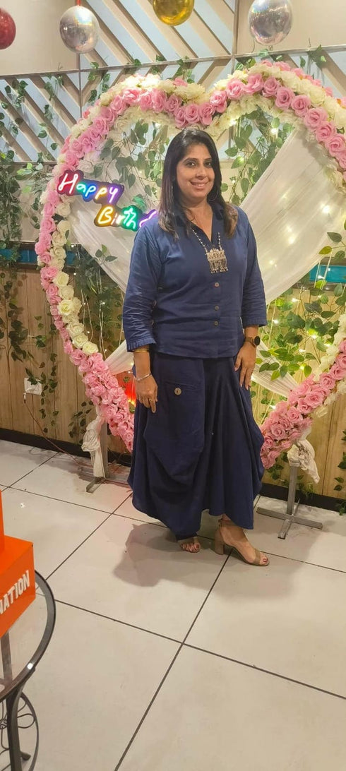 Navy Blue Drape Skirt Set For Women