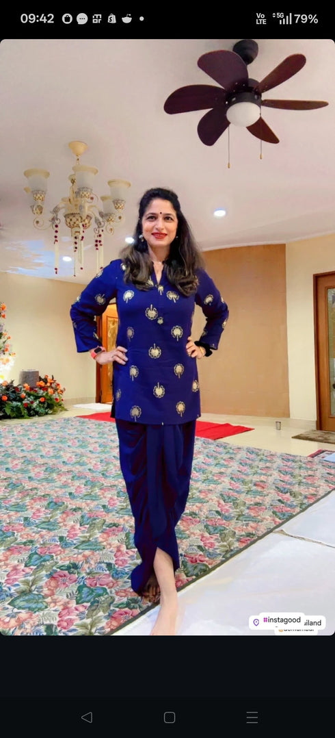 Gold Blue Short Kurta with Dhoti Skirt