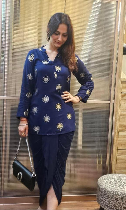 Gold Blue Short Kurta with Dhoti Skirt