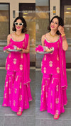 Crepe Hot Pink Gold Spaghetti Sharara Set