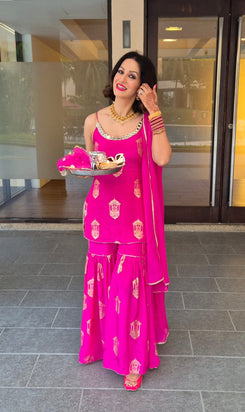 Crepe Hot Pink Gold Spaghetti Sharara Set