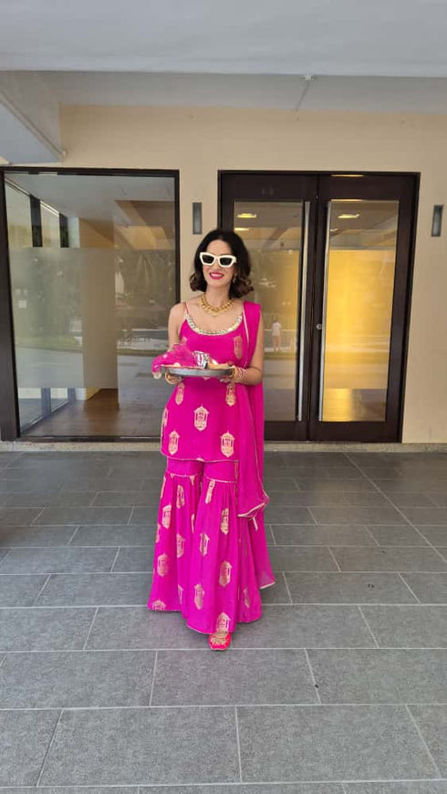 Crepe Hot Pink Gold Spaghetti Sharara Set