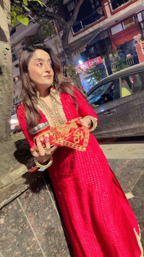 Sabya Red Long Kurta with Pant - Jacquard Silk