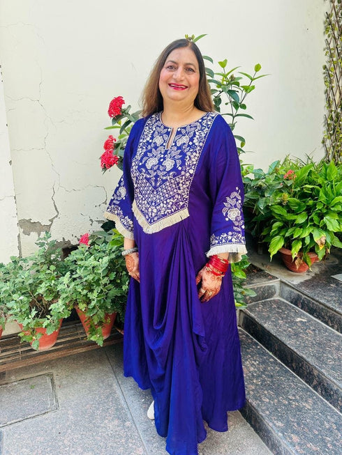 Purple Drape Skirt Set with Embroidered High-Low Top