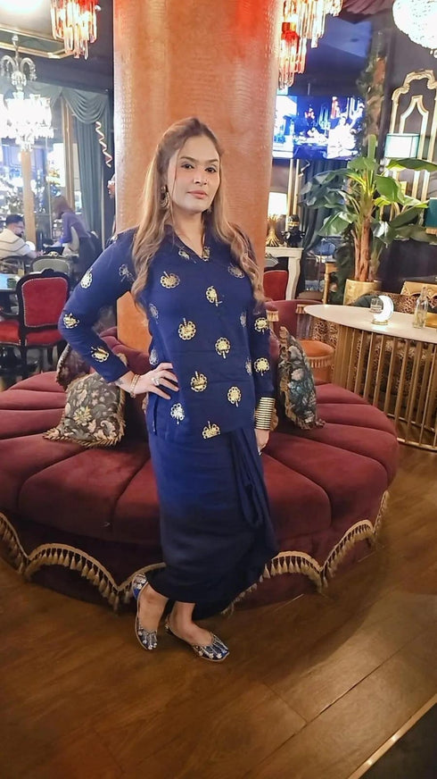 Gold Blue Short Kurta with Dhoti Skirt