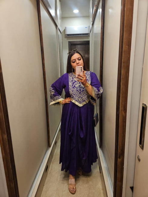 Purple Drape Skirt Set with Embroidered High-Low Top