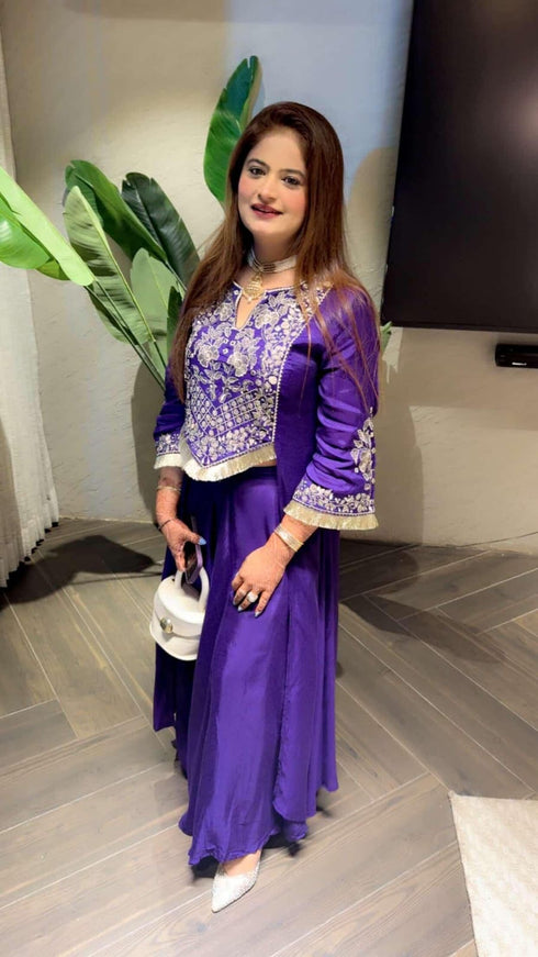 Purple Drape Skirt Set with Embroidered High-Low Top