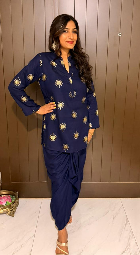 Gold Blue Short Kurta with Dhoti Skirt