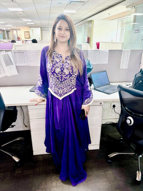 Purple Drape Skirt Set with Embroidered High-Low Top