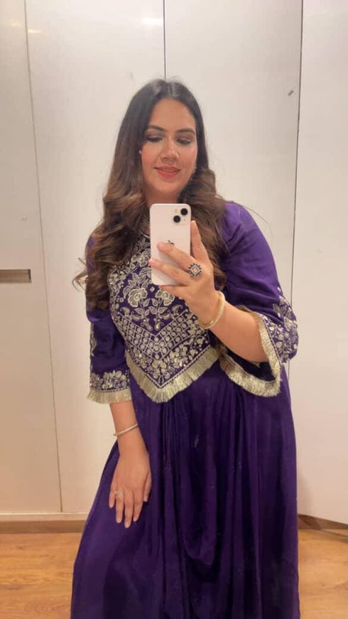 Purple Drape Skirt Set with Embroidered High-Low Top