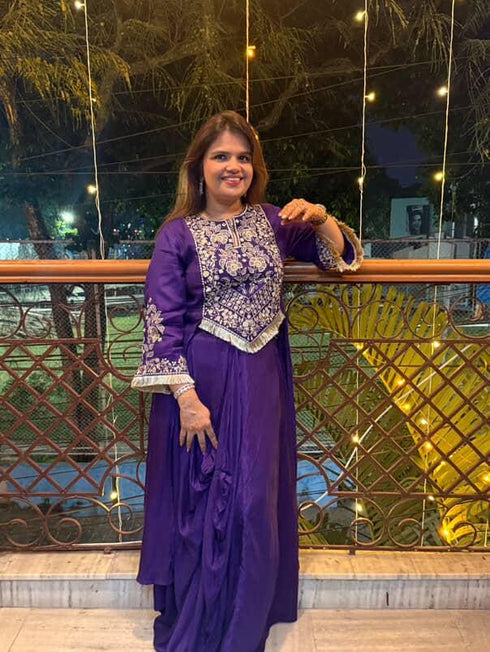 Purple Drape Skirt Set with Embroidered High-Low Top