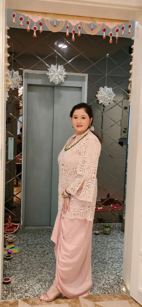 Pink Cutwork Kurta with Dhoti and Singlet