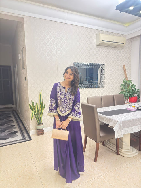 Purple Drape Skirt Set with Embroidered High-Low Top