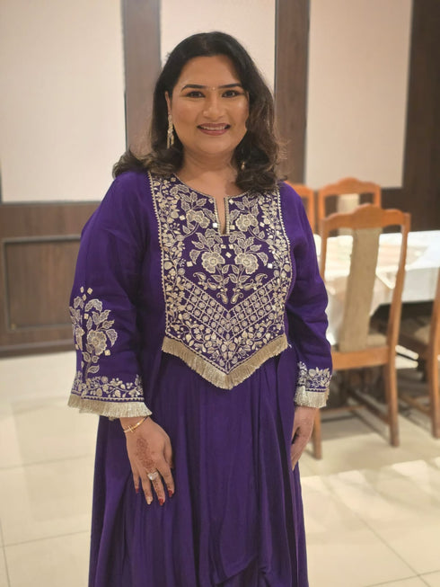 Purple Drape Skirt Set with Embroidered High-Low Top