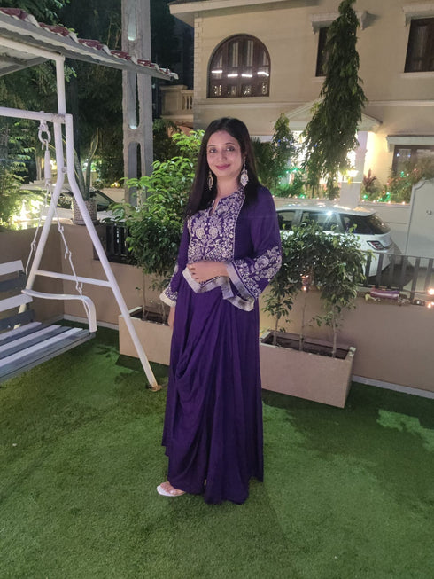 Purple Drape Skirt Set with Embroidered High-Low Top