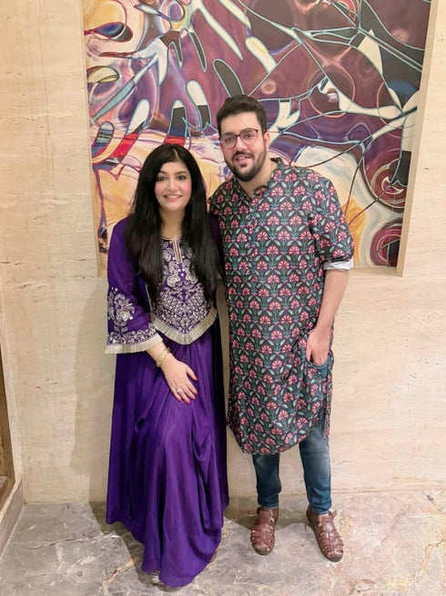 Purple Drape Skirt Set with Embroidered High-Low Top