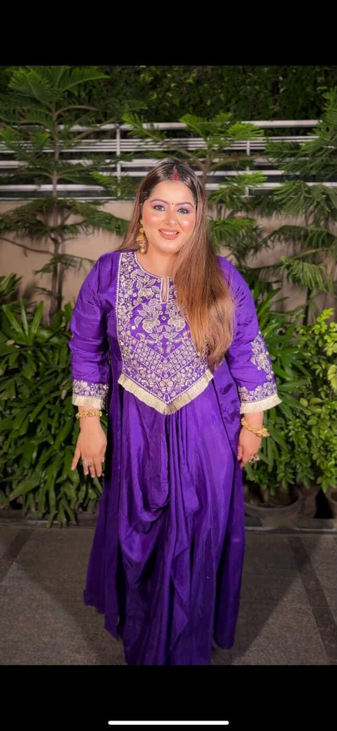 Purple Drape Skirt Set with Embroidered High-Low Top