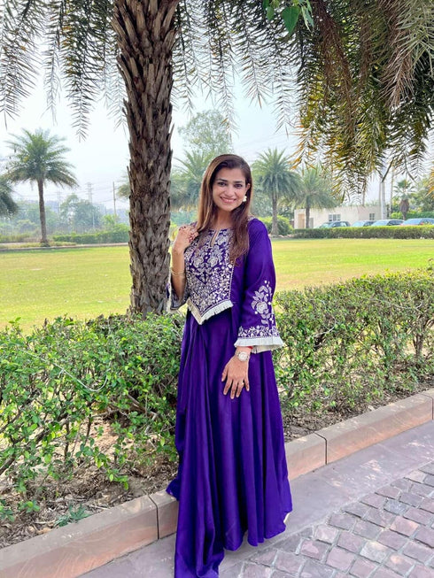 Purple Drape Skirt Set with Embroidered High-Low Top