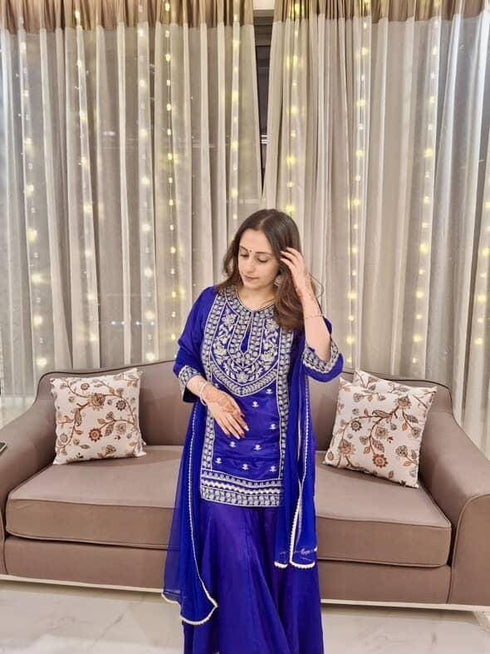 Purple Drape Skirt Set with Embroidered High-Low Top