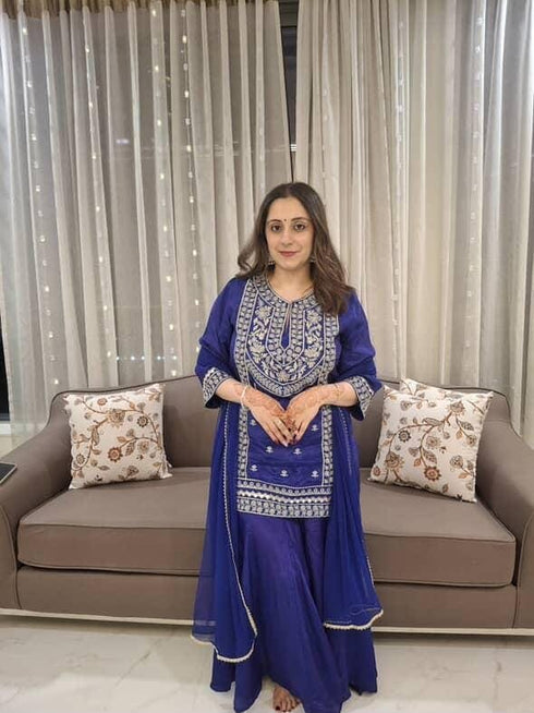 Purple Drape Skirt Set with Embroidered High-Low Top