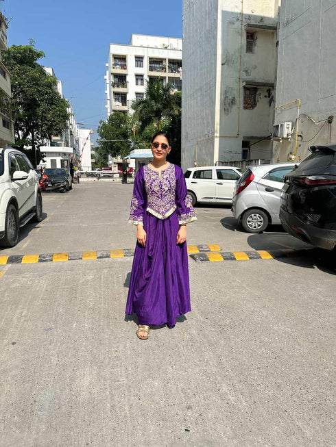 Purple Drape Skirt Set with Embroidered High-Low Top