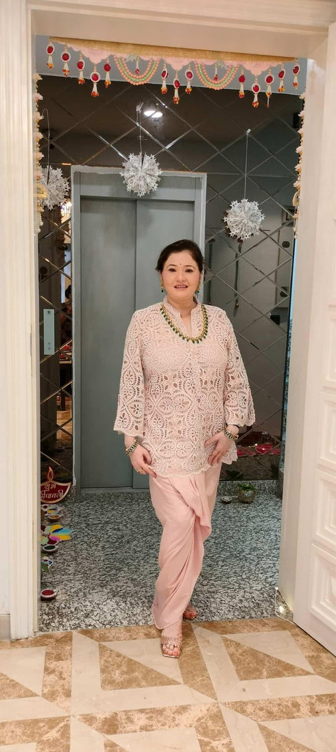 Pink Cutwork Kurta with Dhoti and Singlet