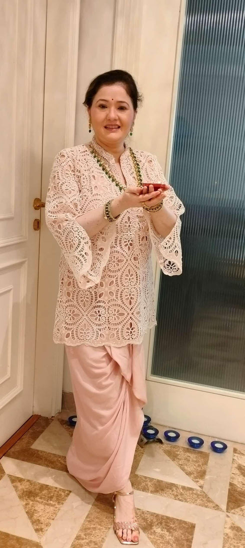 Pink Cutwork Kurta with Dhoti and Singlet