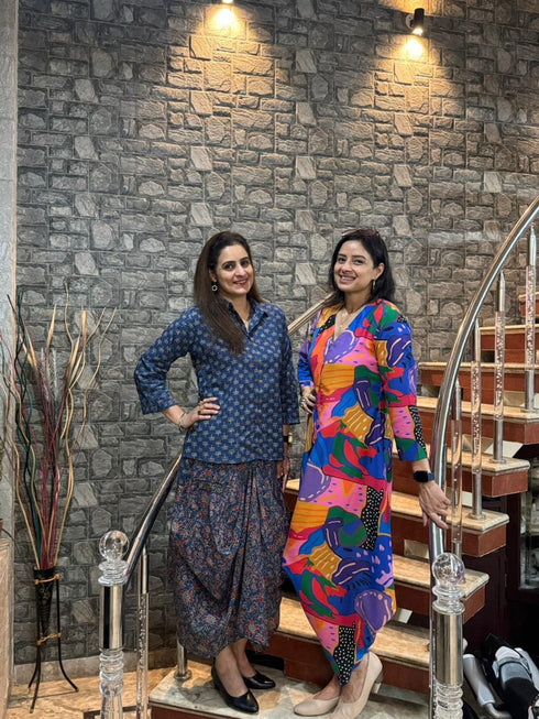 Jaipuri Blue Drape Skirt Set For Women