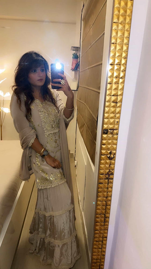 Champagne Grey Mirror Embroidered Sharara Set