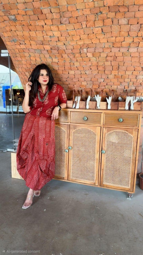 Jaipuri Maroon Drape Skirt Set For Women