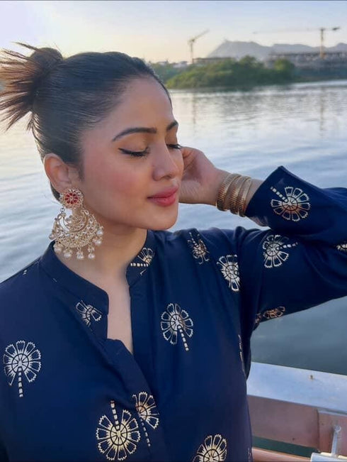 Gold Blue Short Kurta with Dhoti Skirt